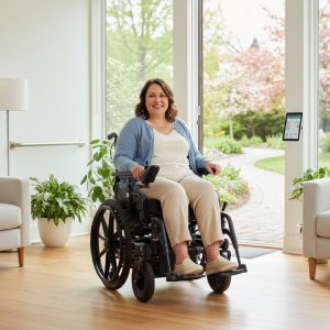 Confident bariatric person navigating heavy duty power wheelchair from modern living room to outdoor path in Spring Valley NY symbolizing independence and mobility support.