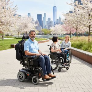 Diverse group of wheelchair users showcasing enhanced comfort and mobility with advanced seating systems in a vibrant Spring Valley park