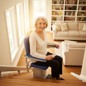 Smiling senior woman using a modern stair chair lift on a wooden staircase in a cozy home, promoting mobility and independence.