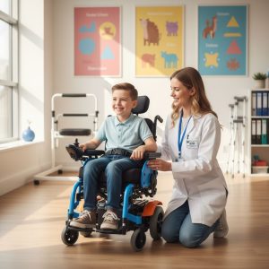 A young child in a customized pediatric power wheelchair being assisted by a therapist in a bright therapy room, emphasizing empowerment and specialized care.