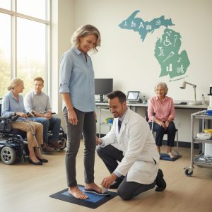 Diverse patients in modern clinic receiving custom orthotics evaluations from specialists, clinician adjusting insert for woman, regional map outlines in background.