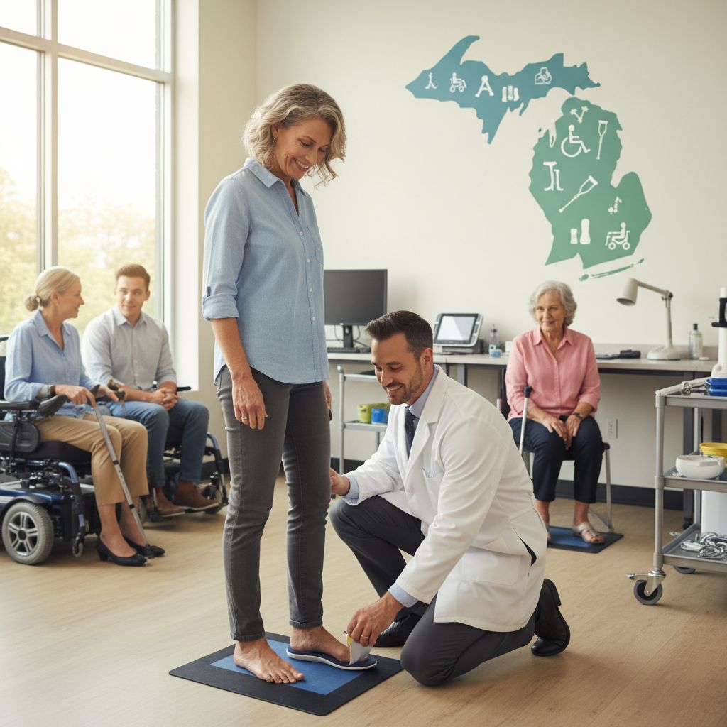 Diverse patients in modern clinic receiving custom orthotics evaluations from specialists, clinician adjusting insert for woman, regional map outlines in background.
