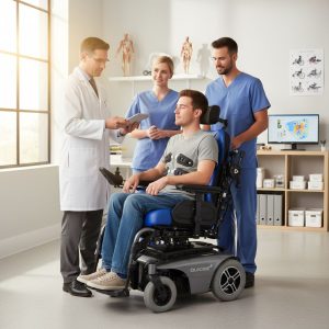 Professional photograph showing healthcare professionals assisting a wheelchair user with a customized seating system in a clinical evaluation room, emphasizing comfort and personalized mobility care.