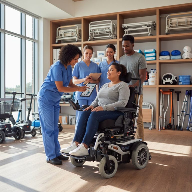 Diverse healthcare professionals demonstrating a customized power wheelchair to a patient in a modern clinic.