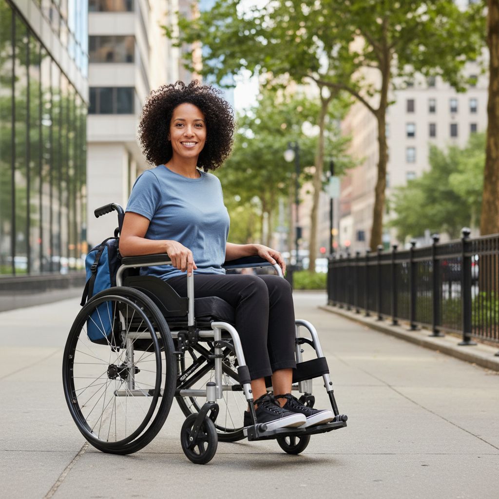 Diverse person confidently navigating a lightweight manual wheelchair on a New York city sidewalk, promoting everyday mobility and independence.
