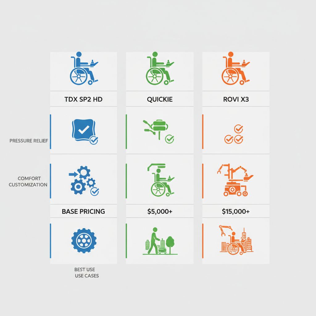 Infographic comparing features of TDX SP2 HD, Quickie, and ROVI X3 wheelchair seating systems including pressure relief, customization, pricing, and use cases.