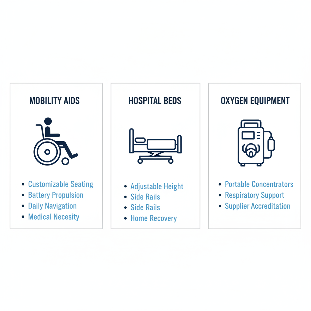 Infographic illustrating three common DME categories: mobility aids like wheelchairs, hospital beds features, and oxygen equipment with Medicare guidelines notes.