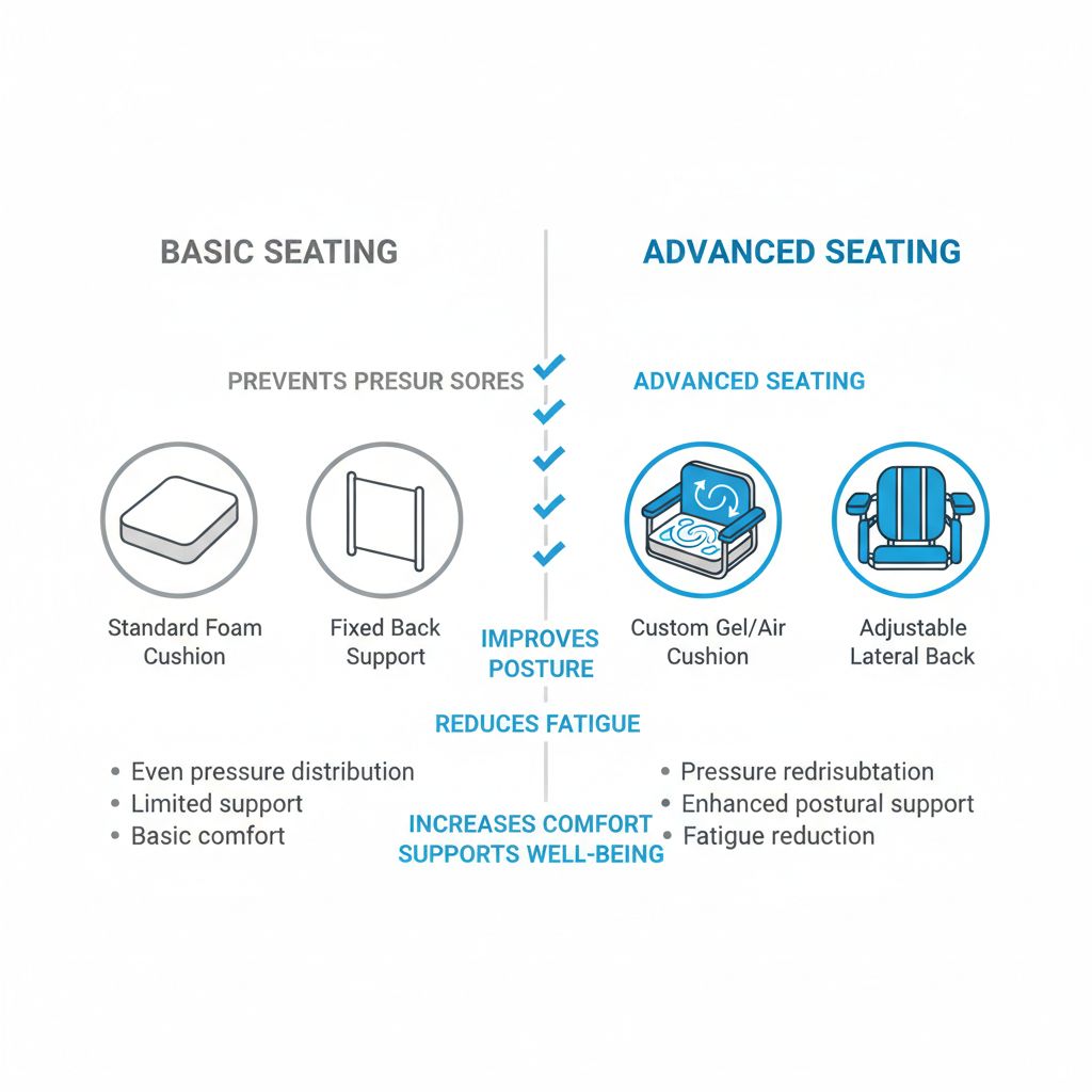 Infographic illustrating differences between basic and advanced wheelchair seating systems in two columns