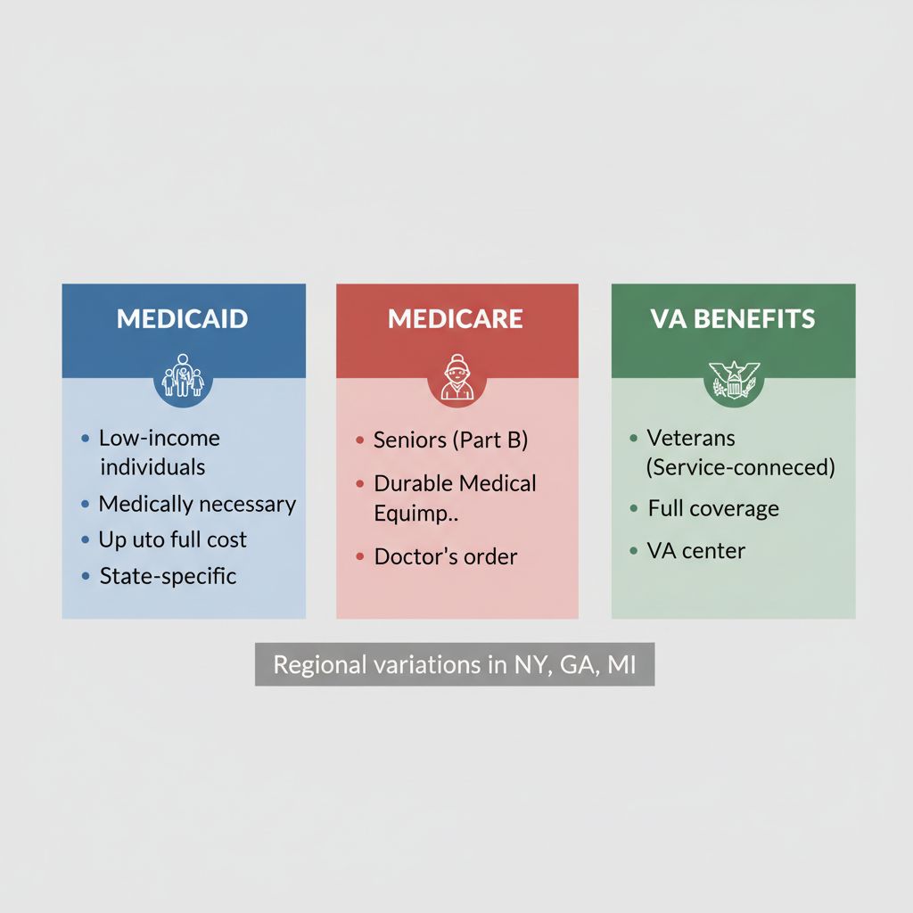 Infographic comparing Medicaid, Medicare, and VA wheelchair funding programs with eligibility and coverage details
