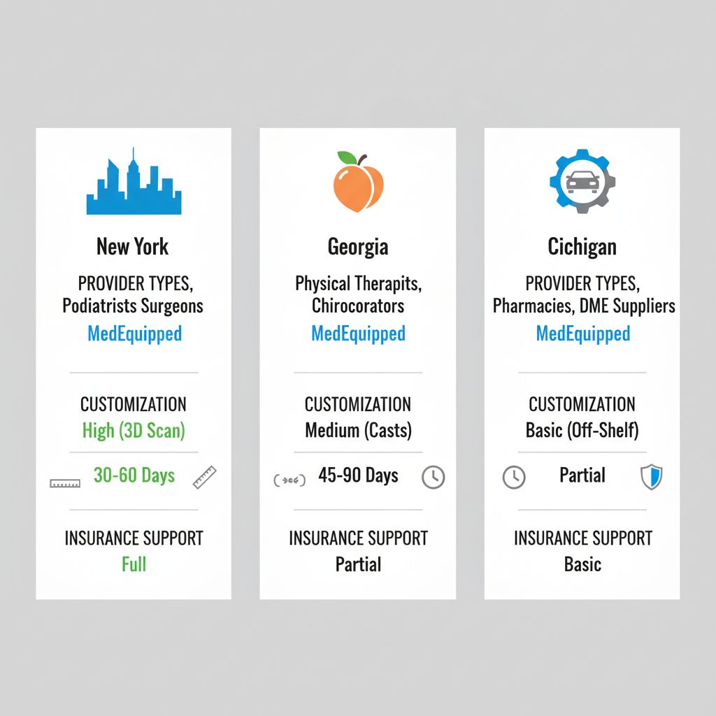 Infographic comparing orthotics providers in New York, Georgia, and Michigan with regional icons and service metrics