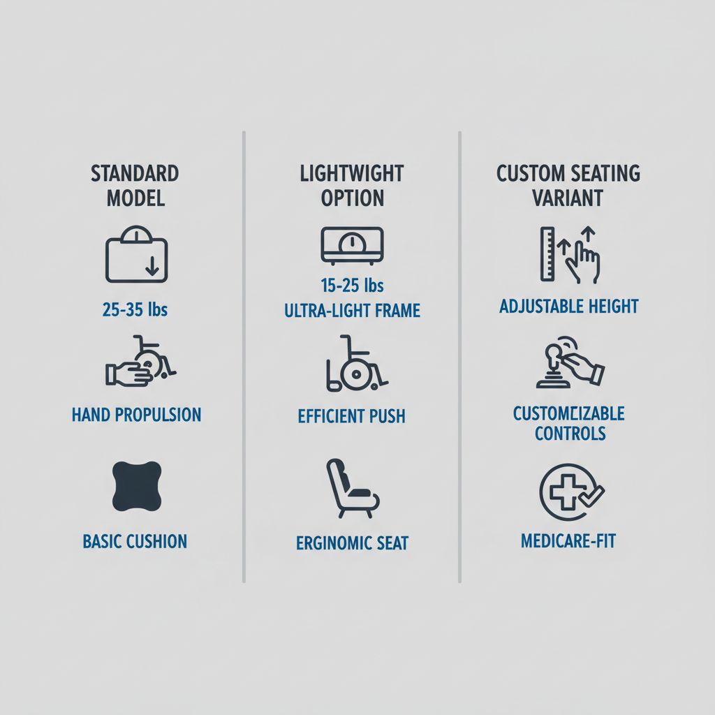 Infographic comparing features of standard, lightweight, and custom manual wheelchairs including weight, propulsion, and seating specs.
