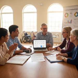 Diverse group including a person in a power wheelchair discussing assistive technology funding options around a table in a community center.
