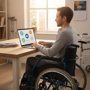 Patient in powered wheelchair accessing DME order tracking portal on laptop in modern home office.
