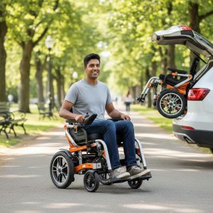 A person using a modern foldable electric wheelchair in a sunny park, with a folded version in a car trunk, promoting independence and portability.
