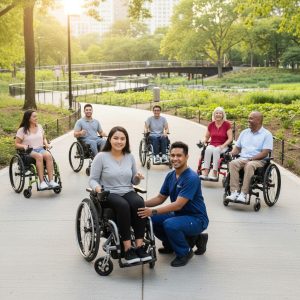 Diverse group using custom power wheelchairs in New York park with ATP professional assistance, promoting mobility and empowerment.