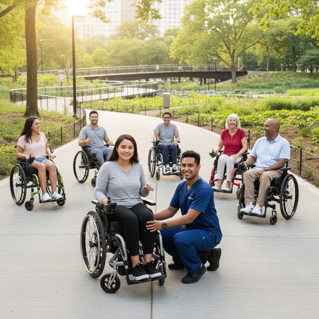 Diverse group using custom power wheelchairs in New York park with ATP professional assistance, promoting mobility and empowerment.