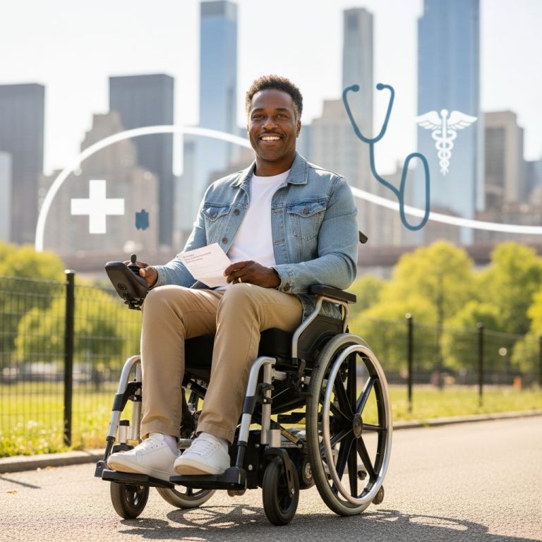 Diverse individual in power wheelchair enjoying mobility freedom in sunny New York park, holding prescription document.