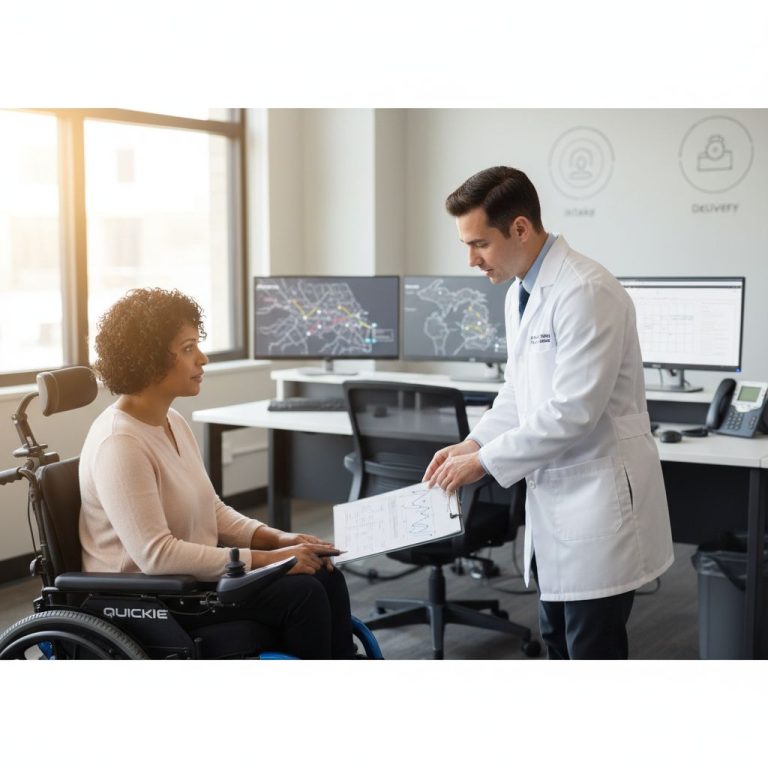 Professional consultation between ATP specialist and patient in a wheelchair in a modern New York clinic office, highlighting mobility services.