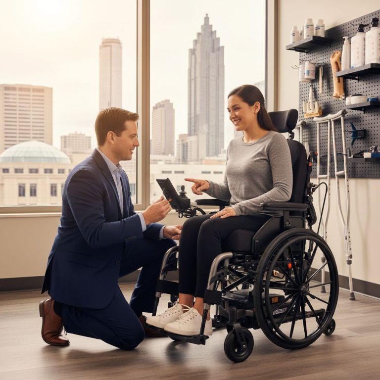 A certified Assistive Technology Professional adjusting a custom motorized wheelchair for a patient during a fitting evaluation in a modern Georgia clinic with natural light and Atlanta skyline view.