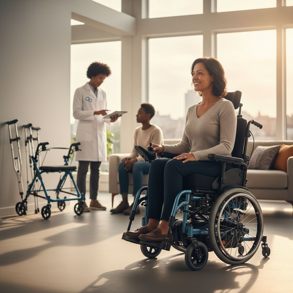Diverse individual confidently using custom power wheelchair in accessible home, assisted by MedEquipped ATP professional, highlighting independence and innovation.