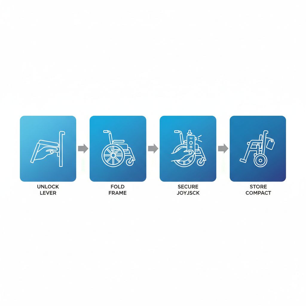 Horizontal process flow diagram showing four steps to fold a foldable electric wheelchair: unlock lever, fold frame, secure joystick, and store compact, with icons and arrows.