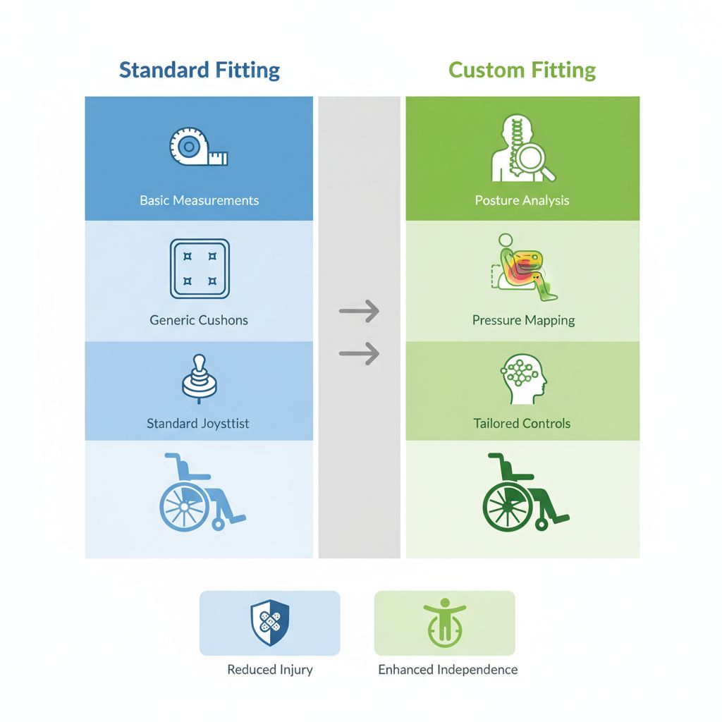 Infographic illustrating comparison between standard and custom wheelchair fitting services with icons for measurements, cushions, controls, and benefits.