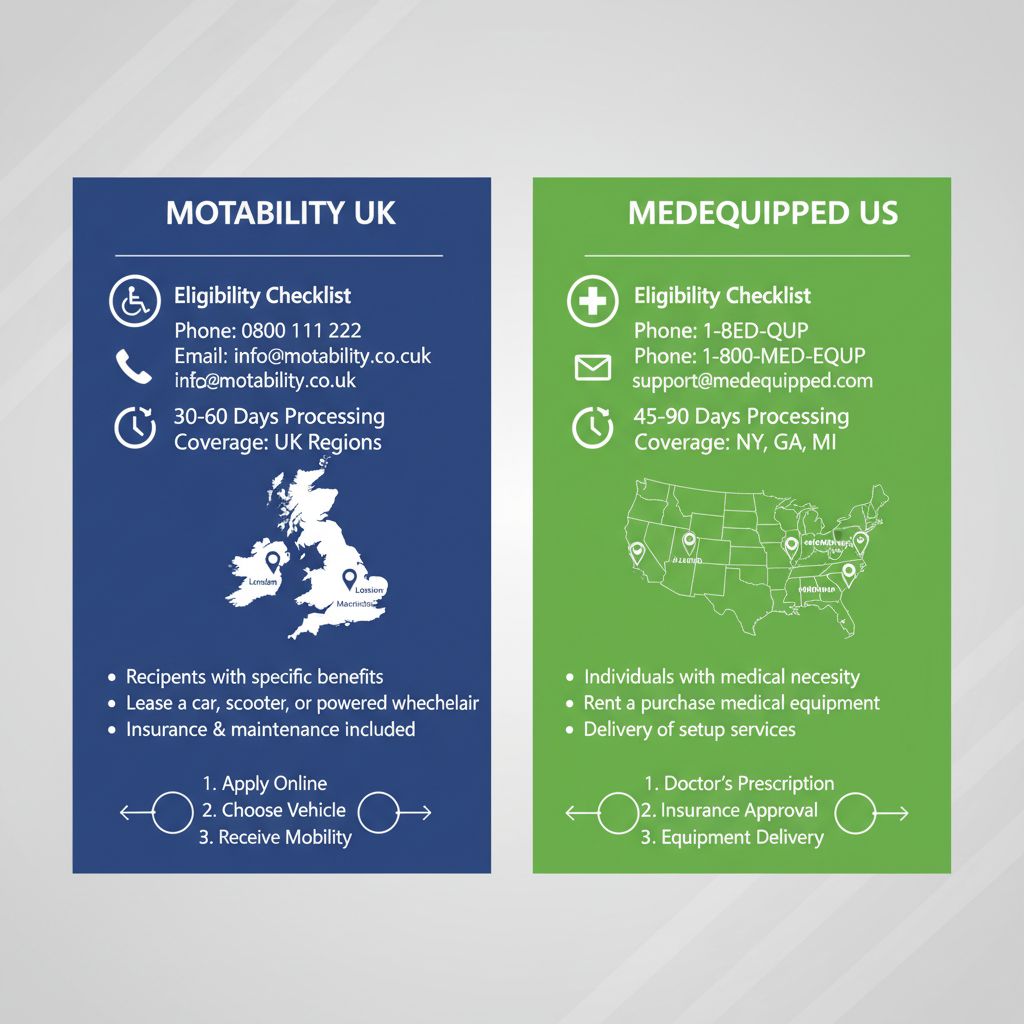 Infographic comparing Motability UK and MedEquipped US mobility support schemes with icons for eligibility, contacts, timelines, and coverage areas.