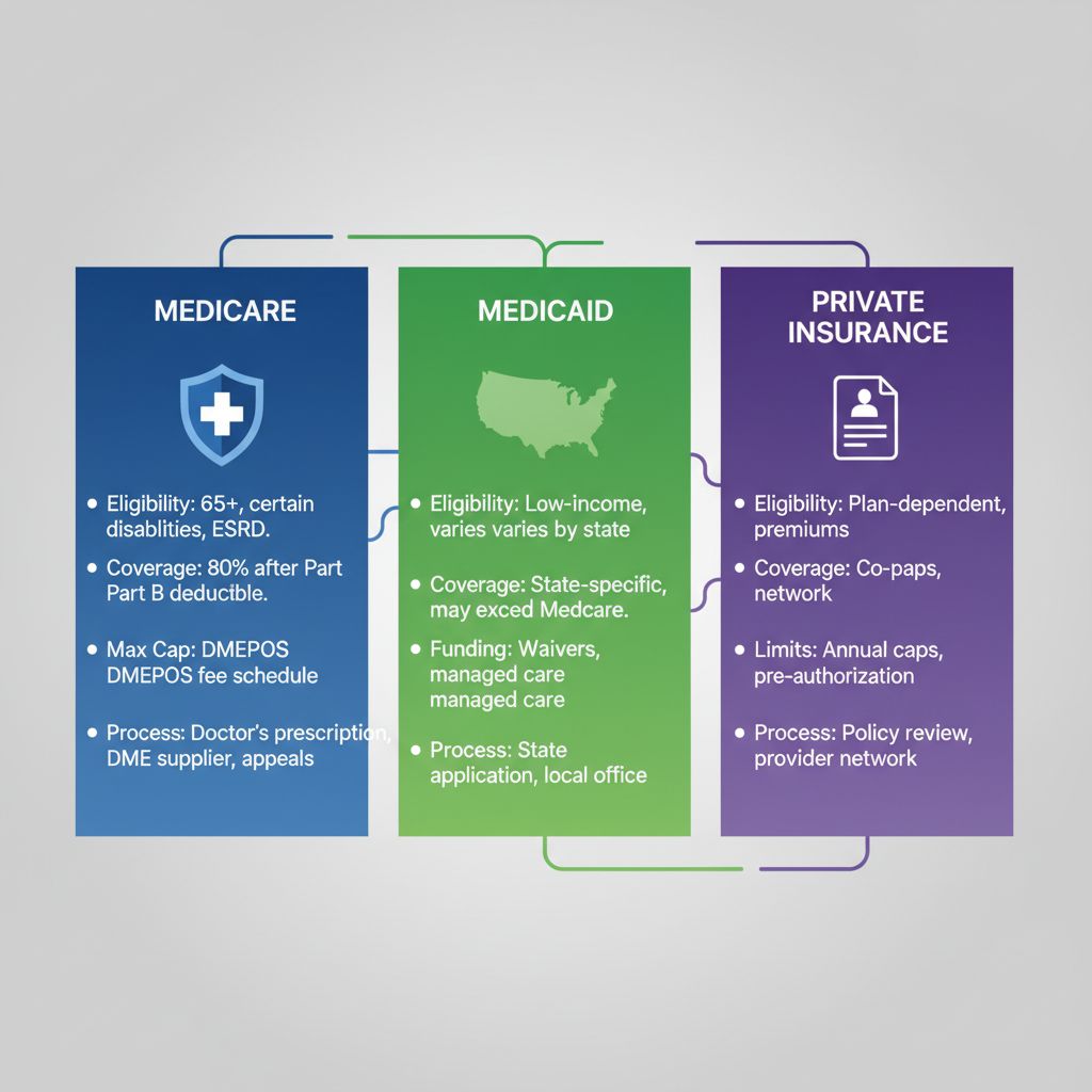 Infographic comparing Medicare Part B, Medicaid, and Private Insurance coverage for wheelchairs, showing eligibility, limits, and processes with icons and key stats.
