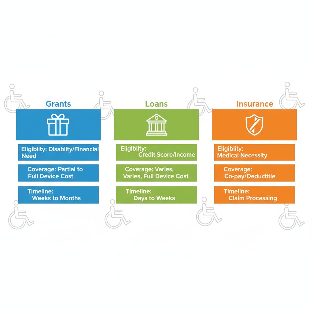 Infographic showing funding sources for assistive technology: grants in blue, loans in green, insurance in orange with icons and key details.