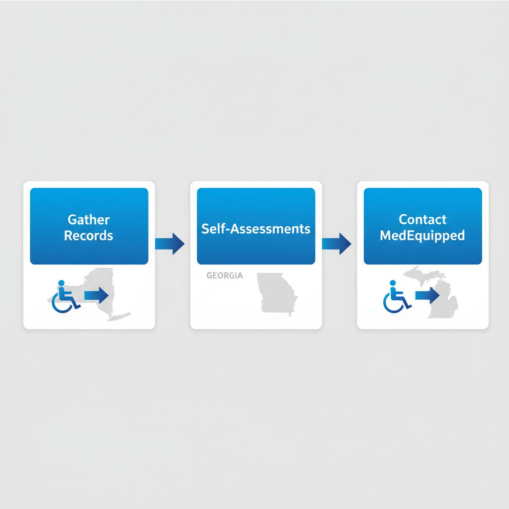 Horizontal process flow diagram illustrating three preparation steps: gathering medical records, self-assessment of activities, and contacting MedEquipped for mobility services.