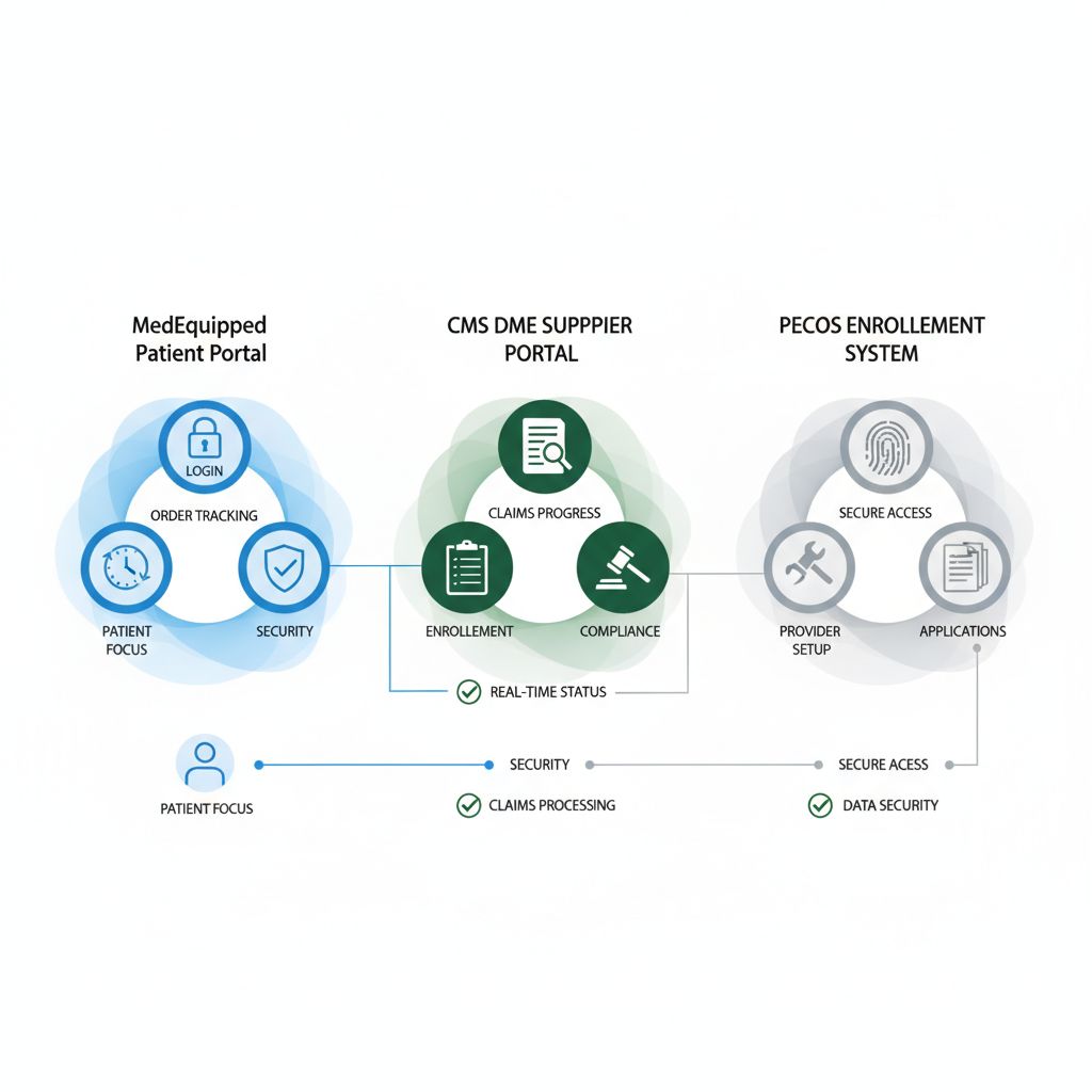 Infographic comparing MedEquipped Patient Portal, CMS DME Supplier Portal, and PECOS Enrollment System with icons for tracking features.
