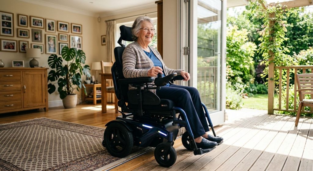 Smiling senior citizen operating modern power wheelchair from living room to outdoor patio, symbolizing independence and mobility freedom