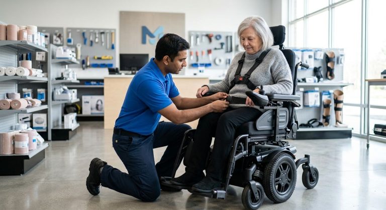 Professional photo of technician adjusting safety equipment on custom power wheelchair in modern medical store near Spring Valley, NY
