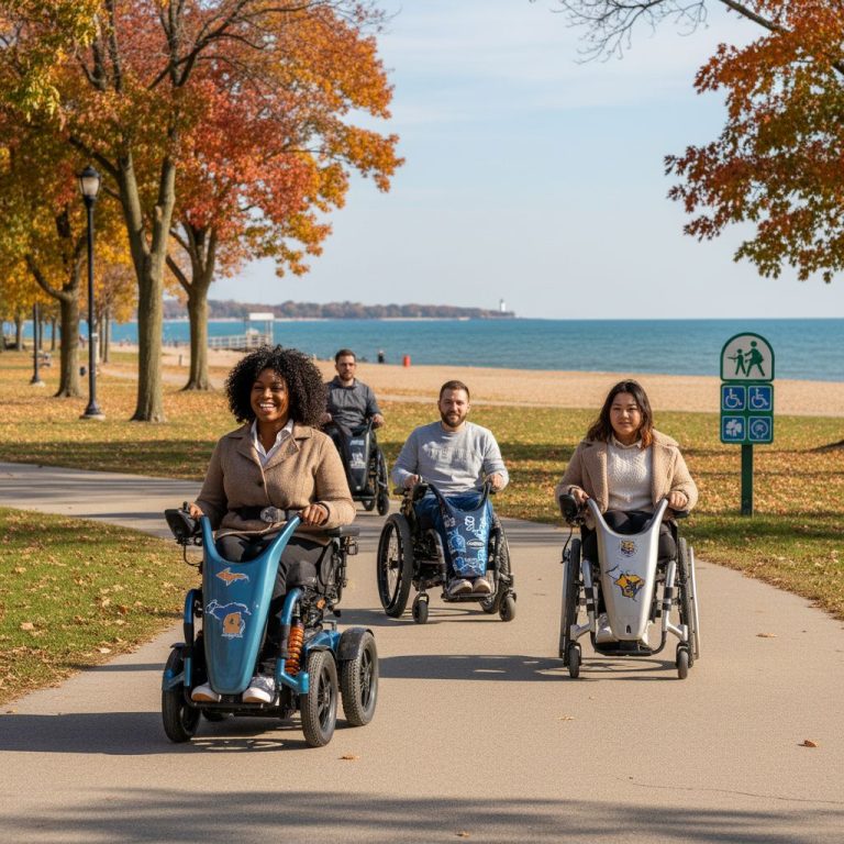 Diverse group of wheelchair users in custom power wheelchairs navigating an accessible urban park path in Michigan during fall, symbolizing independence and mobility.