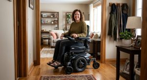 Confident individual smoothly turning mid-wheel drive power wheelchair in narrow home hallway, showcasing indoor mobility.