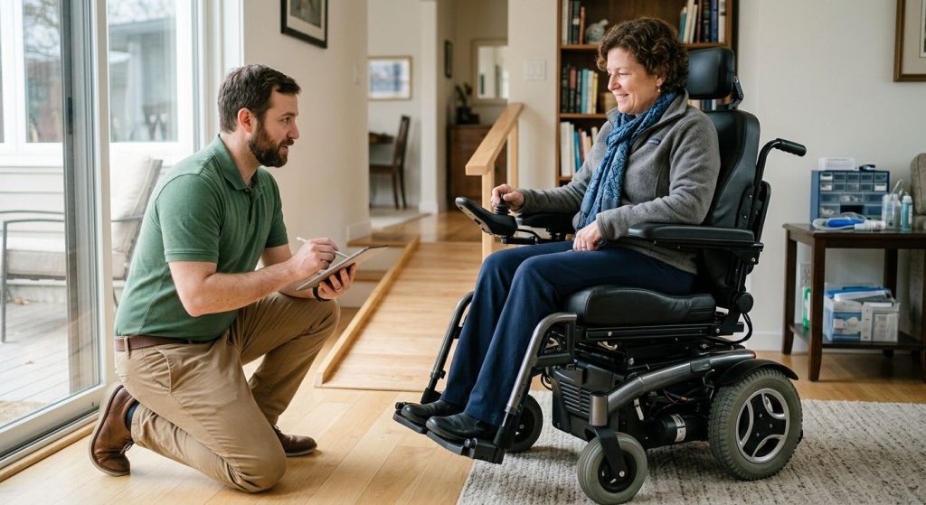 Confident adult user in custom power wheelchair during fitting session with ATP therapist in modern accessible home.