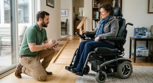 Confident adult user in custom power wheelchair during fitting session with ATP therapist in modern accessible home.