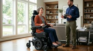 Confident adult using Jazzy power wheelchair in modern home with technician nearby, emphasizing mobility independence and support services.