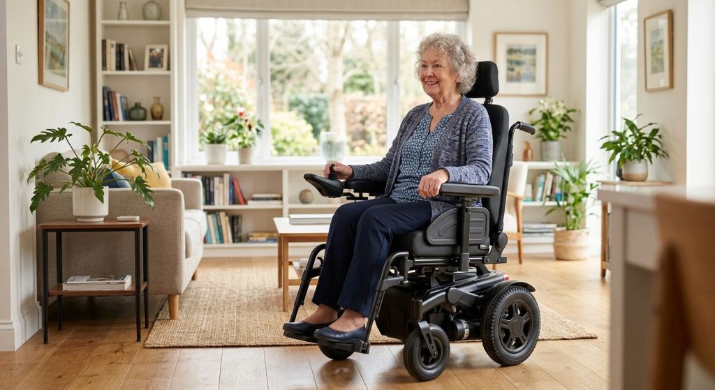 Confident senior user smiling in modern power wheelchair, navigating bright living room with natural light and home furnishings, highlighting independent mobility.