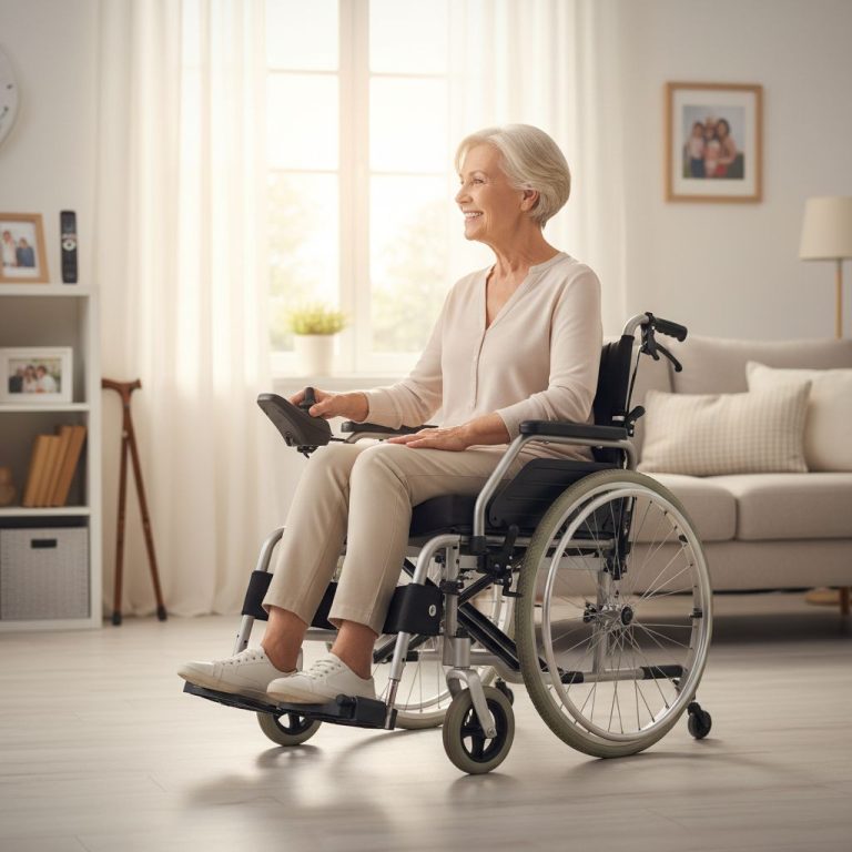 Confident senior woman in her 70s maneuvering a modern power wheelchair in a bright home living room, highlighting independence and enhanced mobility.