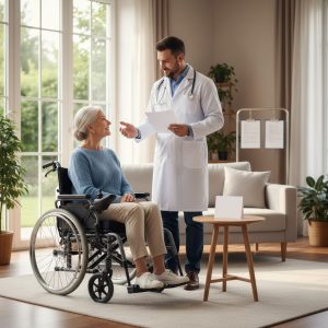 Senior citizen seated in a power wheelchair receiving guidance from a doctor in a bright home living room, highlighting Medicare coverage support.