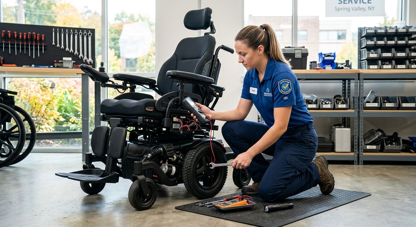Certified technician repairing advanced power wheelchair in professional workshop near Spring Valley, NY