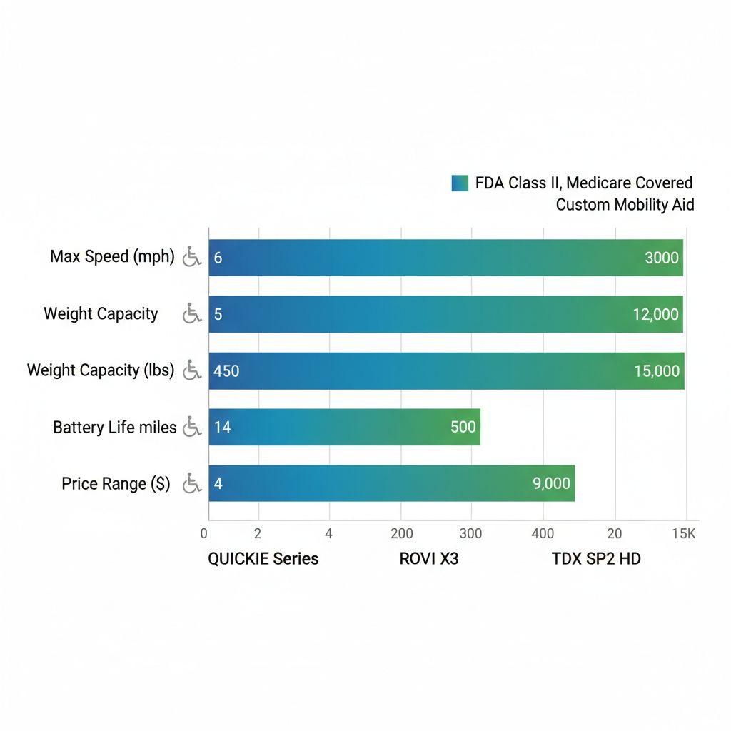 Horizontal bar chart comparing key features of QUICKIE Series, ROVI X3, and TDX SP2 HD power wheelchair models including speed, weight capacity, battery life, and price.