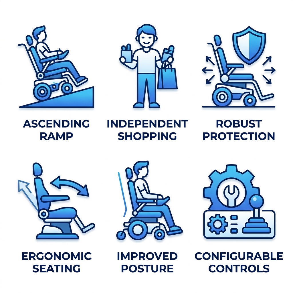 Modern icon set depicting six key advantages of power wheelchairs including mobility, independence, safety, comfort, health support, and customization