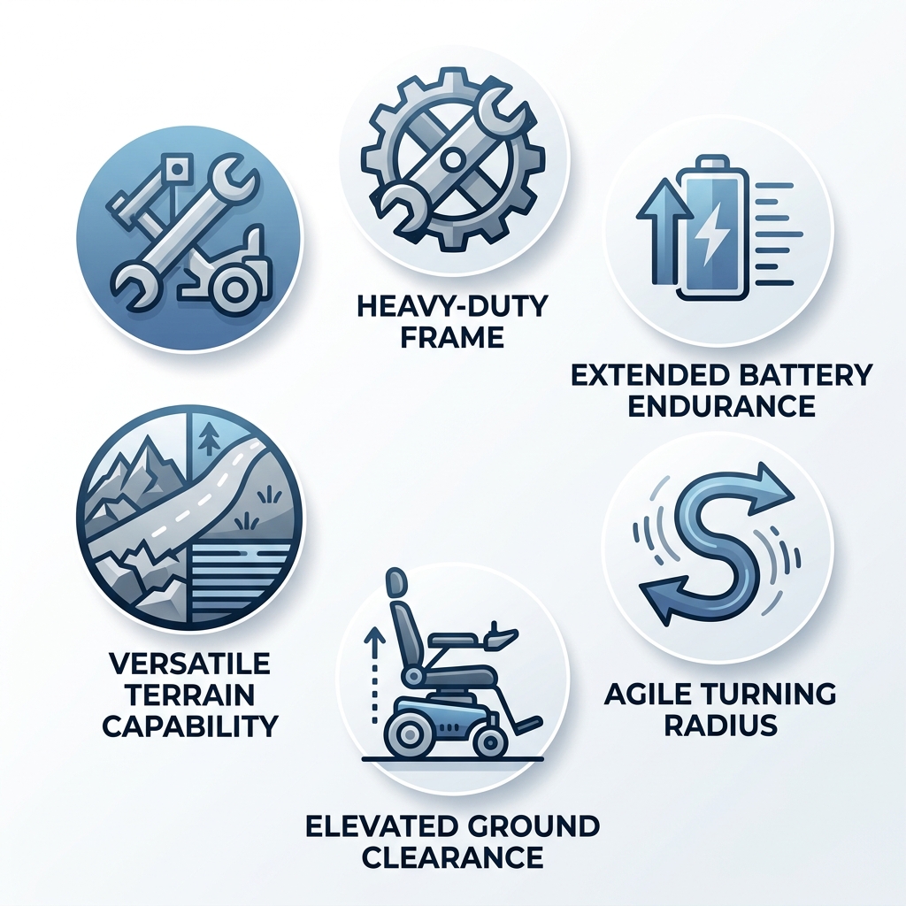 Square icon set illustrating Jazzy Elite HD wheelchair performance: heavy-duty frame, battery endurance, turning radius, ground clearance, terrain capability