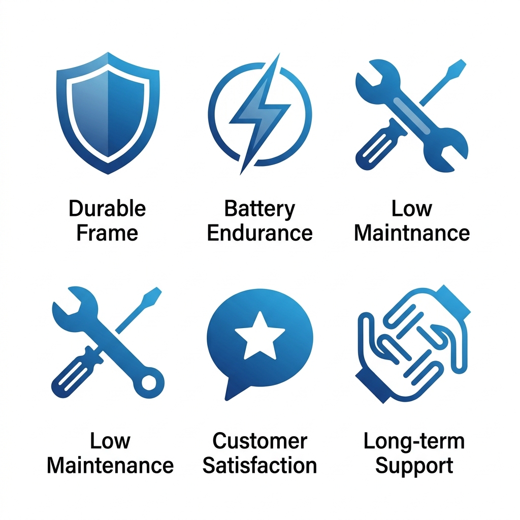 Five modern icons depicting Jazzy power wheelchair reliability: durable frame shield, battery endurance lightning, low-maintenance wrench, customer satisfaction speech bubble, and long-term support hands with short labels.