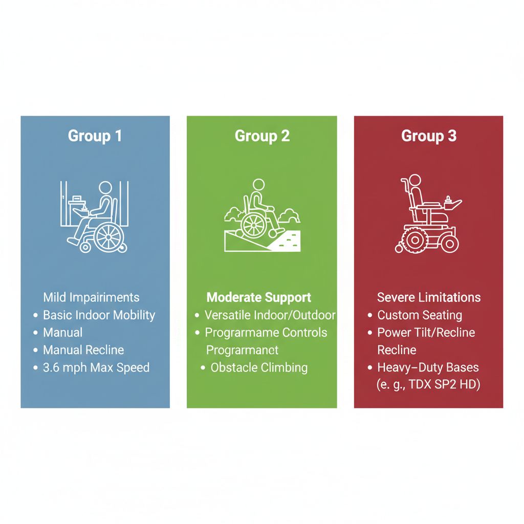Infographic illustrating Medicare's three group levels for power wheelchair eligibility and criteria