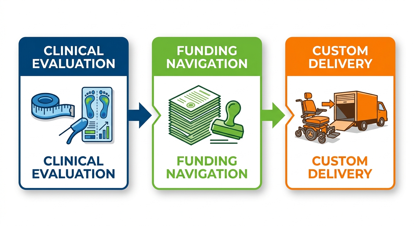Horizontal process flow diagram of three stages for custom power wheelchair service: clinical evaluation, funding navigation, and delivery.