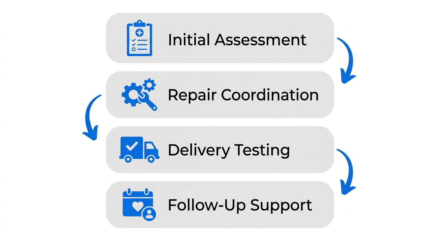 Vertical process flow diagram of MedEquipped wheelchair service and repair: initial assessment with clipboard, repair coordination with wrench, delivery testing with truck, follow-up support with calendar.