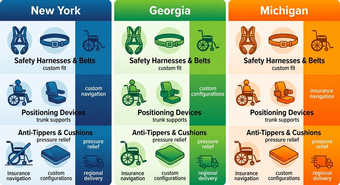 Infographic comparing safety equipment availability for power wheelchairs in New York, Georgia, and Michigan service areas with icons and benefits